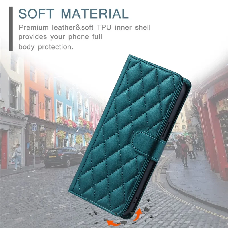 For iPhone 15 Plus Wallet Case PU Leather Cover Stitching Rhombus Grid - Green