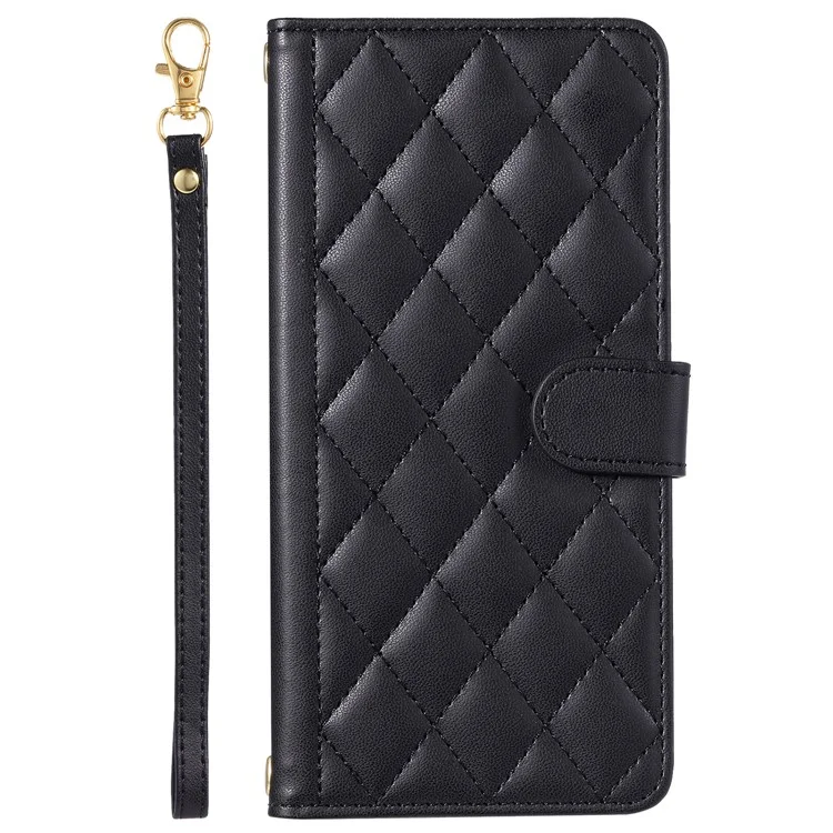 For iPhone 15 Pro Max Leather Case Stitching Rhombus Grid Stand Wallet Cover - Black