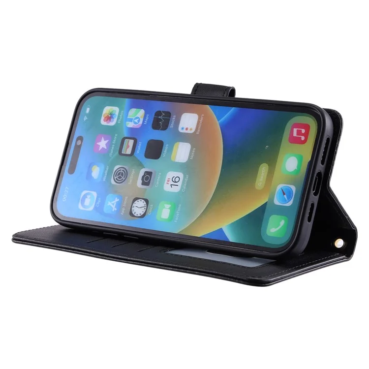 For iPhone 15 Pro Max Leather Case Stitching Rhombus Grid Stand Wallet Cover - Black