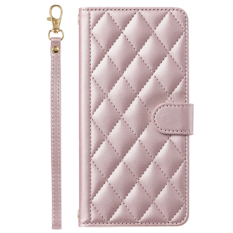 For iPhone 15 Pro Max Leather Case Stitching Rhombus Grid Stand Wallet Cover - Rose Gold