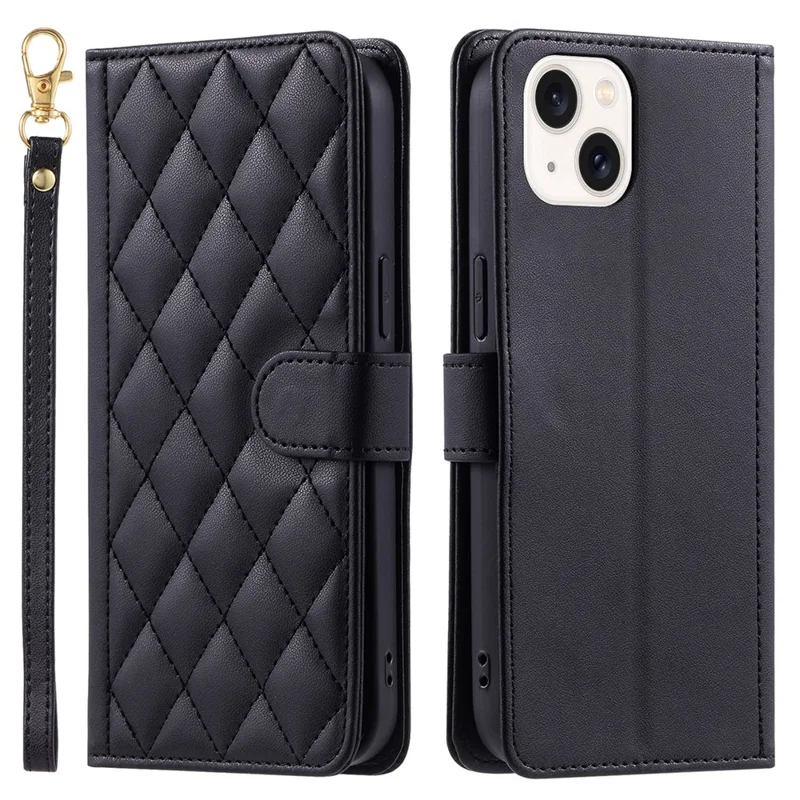 For iPhone 15 Leather Case Rhombus Grid Stand Flip Wallet Phone Cover - Black