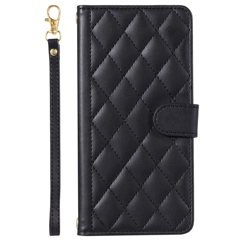 For iPhone 15 Leather Case Rhombus Grid Stand Flip Wallet Phone Cover - Black