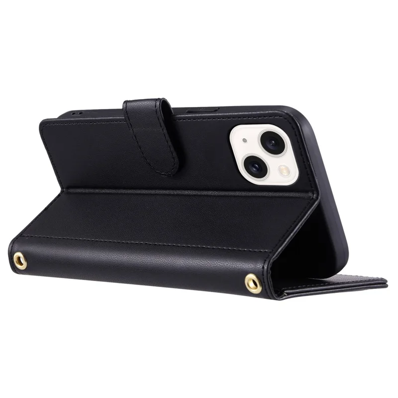 For iPhone 15 Leather Case Rhombus Grid Stand Flip Wallet Phone Cover - Black