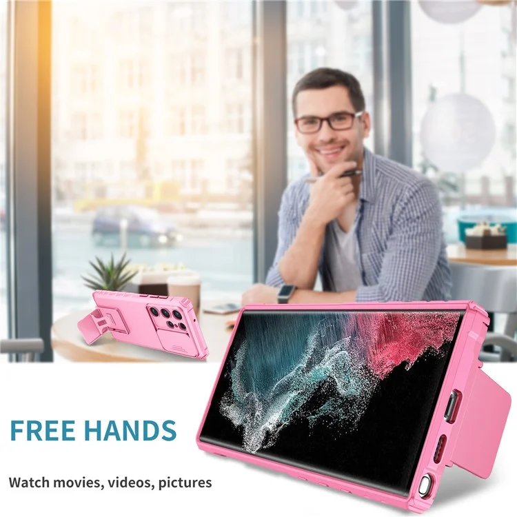 Bulk Purchasing For Samsung Galaxy S24 Ultra Case Camera Slider PC + TPU Phone Cover with Kickstand - Pink