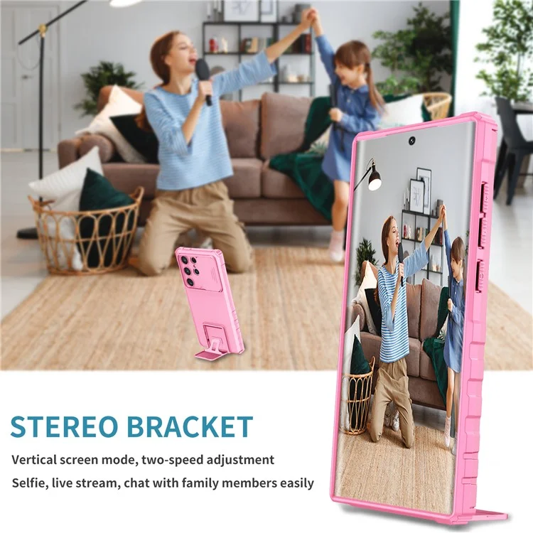 Bulk Purchasing For Samsung Galaxy S24 Ultra Case Camera Slider PC + TPU Phone Cover with Kickstand - Pink