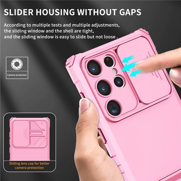 Bulk Purchasing For Samsung Galaxy S24 Ultra Case Camera Slider PC + TPU Phone Cover with Kickstand - Pink