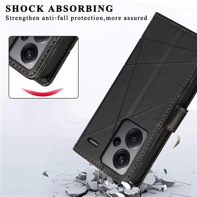 DF-06 For Xiaomi Redmi Note 13 Pro+ 5G Case Leather Cover Line Imprinted with Wallet - Black
