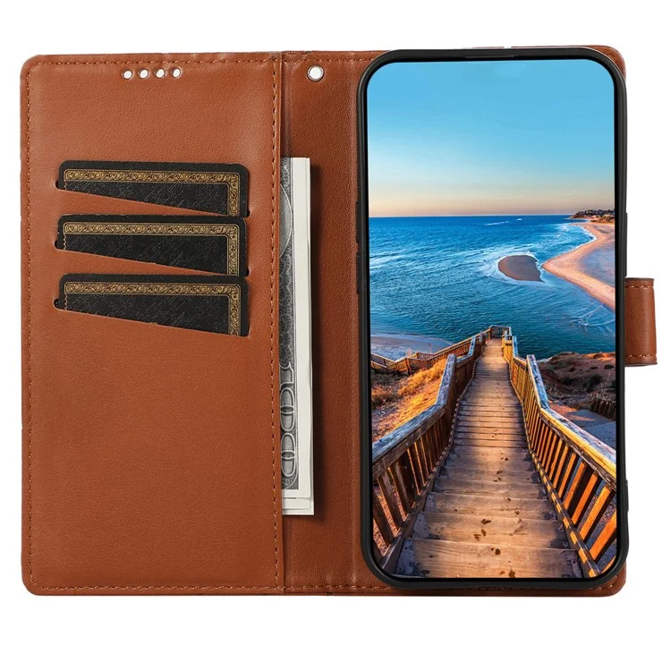 DF-06 For Xiaomi Redmi Note 13 Pro 5G / Poco X6 5G Leather Case Line Imprinted Wallet Cover - Brown