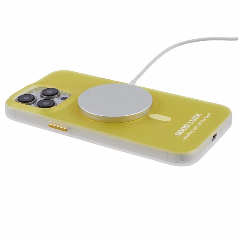 PP Series for iPhone 13 Pro IMD Phone Cover Magnetic Wireless Charging Case Metal Buttons - Translucent Yellow