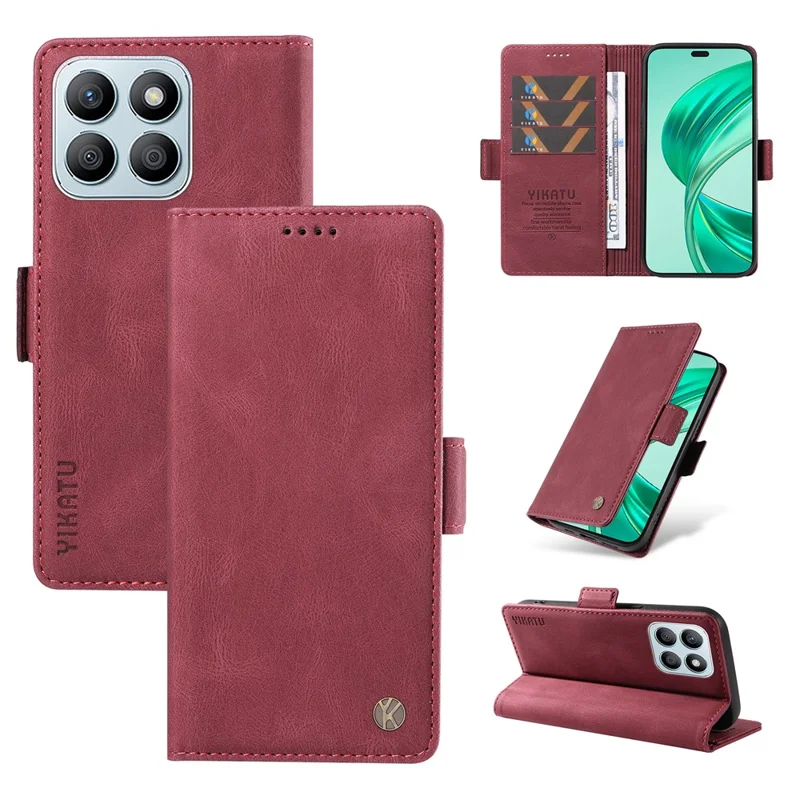 YIKATU YK-005 For Honor X8b 4G Phone Cover Skin-touch Leather Wallet Case - Wine Red