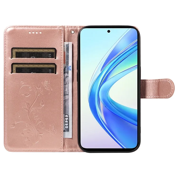 For Honor X7b 4G / 90 Smart PU Leather Cases Flower Pattern Wallet Stand Phone Cover with Strap - Rose Gold