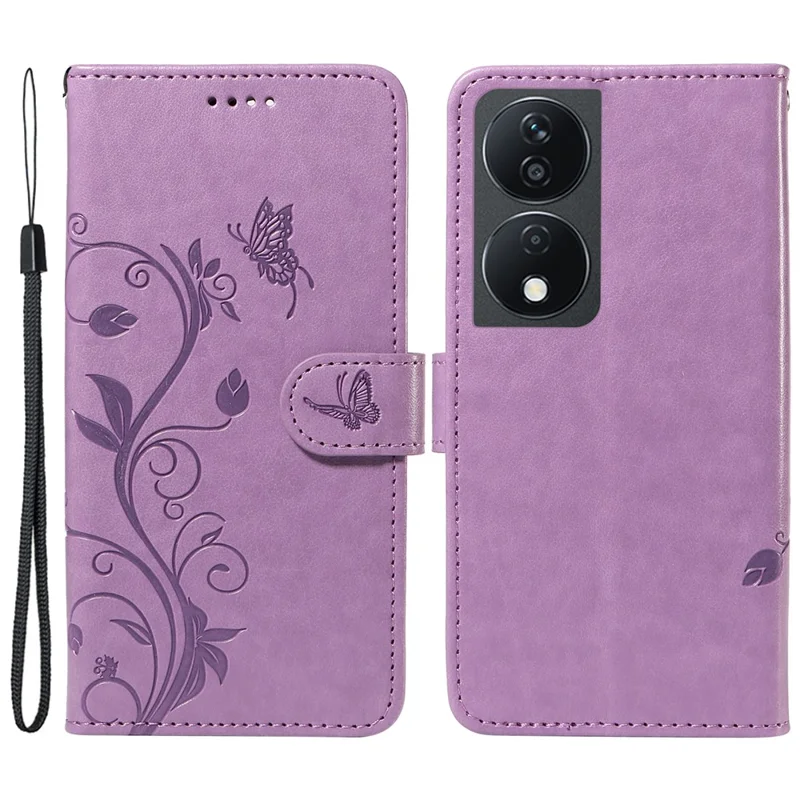 Para Honor X7b 4G / 90 Funda de teléfono inteligente de cuero con estampado de mariposa y flores, estilo cartera - Morado 