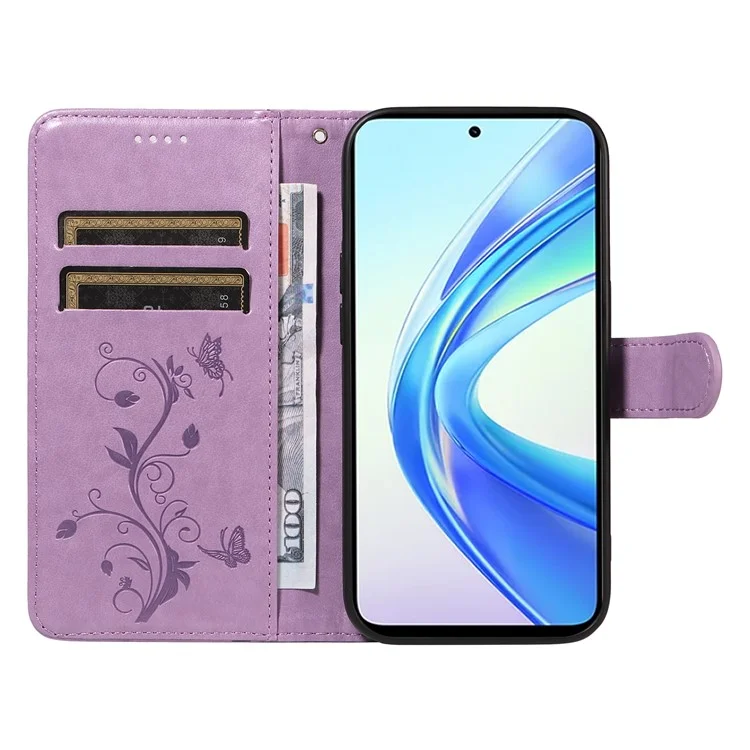 Para Honor X7b 4G / 90 Funda de teléfono inteligente de cuero con estampado de mariposa y flores, estilo cartera - Morado 