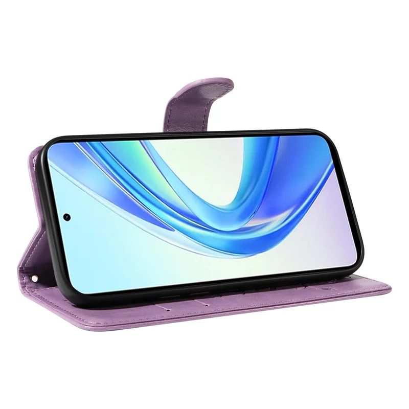 Para Honor X7b 4G / 90 Funda de teléfono inteligente de cuero con estampado de mariposa y flores, estilo cartera - Morado 