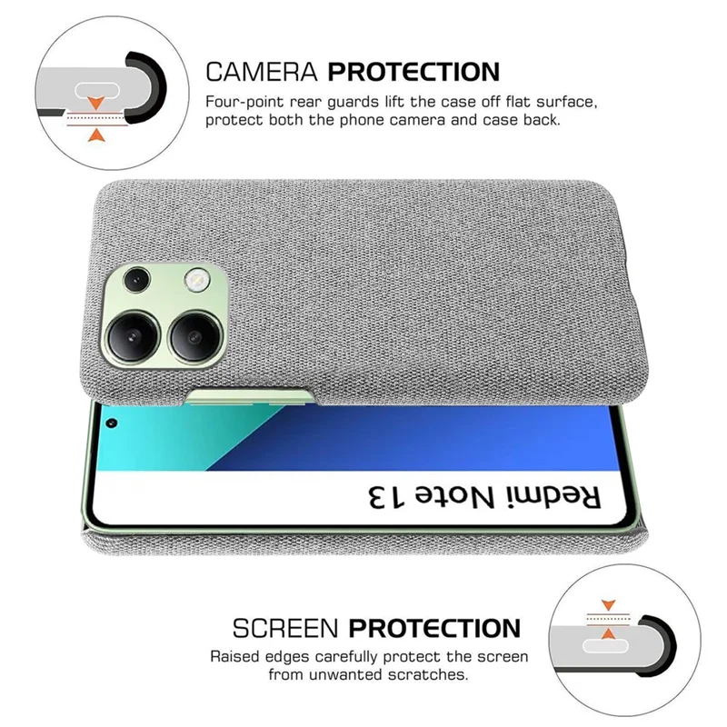 For Xiaomi Redmi Note 13 4G Phone Case Hard PC+Cloth Anti-slip Cover - Light Grey
