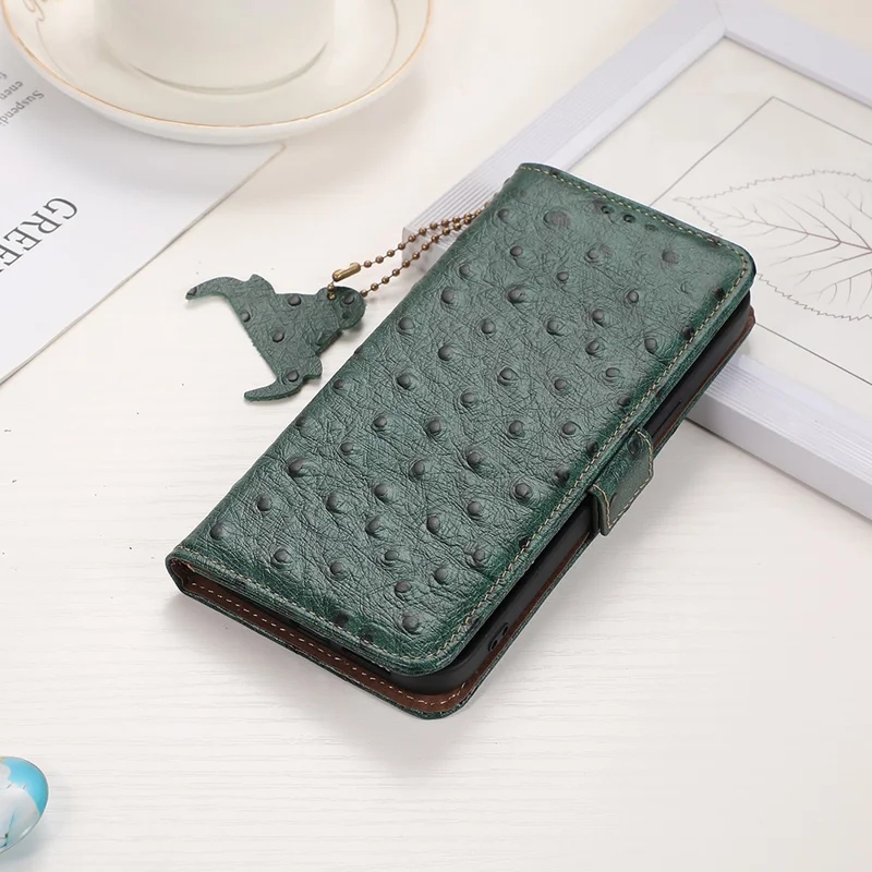For Xiaomi Redmi Note 13 Pro+ 5G Phone Case Ostrich Texture Genuine Cow Leather Cover - Green
