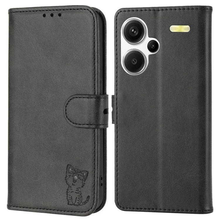 For Xiaomi Redmi Note 13 Pro+ 5G Wallet Case Happy Cat Pattern Shockproof Flip Phone Cover - Blue - Black
