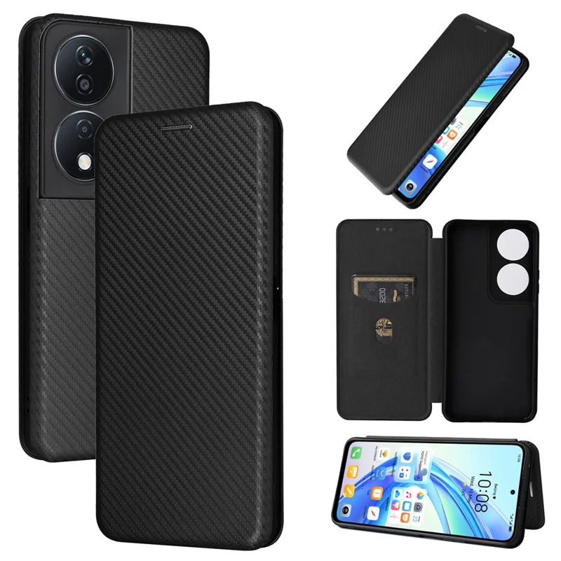 Carbon Fiber Texture Case for Honor X7b 4G / 90 Smart Leather Phone Cover with Card Slot - Black