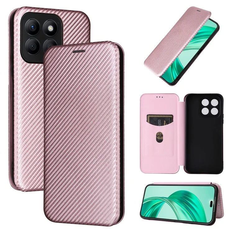 For Honor X8b 4G Stand Phone Case Carbon Fiber Textur Leder Cover - Rose Gold