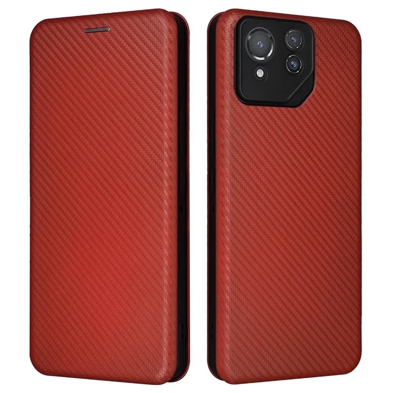 For Asus ROG Phone 8 5G / Phone 8 Pro 5G Phone Case Carbon Fiber Texture Stand Card Holder - Brown