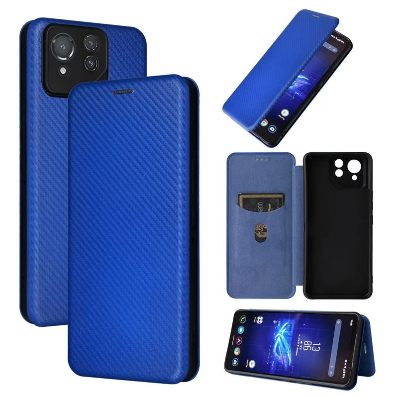 For Asus ROG Phone 8 5G / Phone 8 Pro 5G Phone Case Carbon Fiber Texture Stand Card Holder - Blue