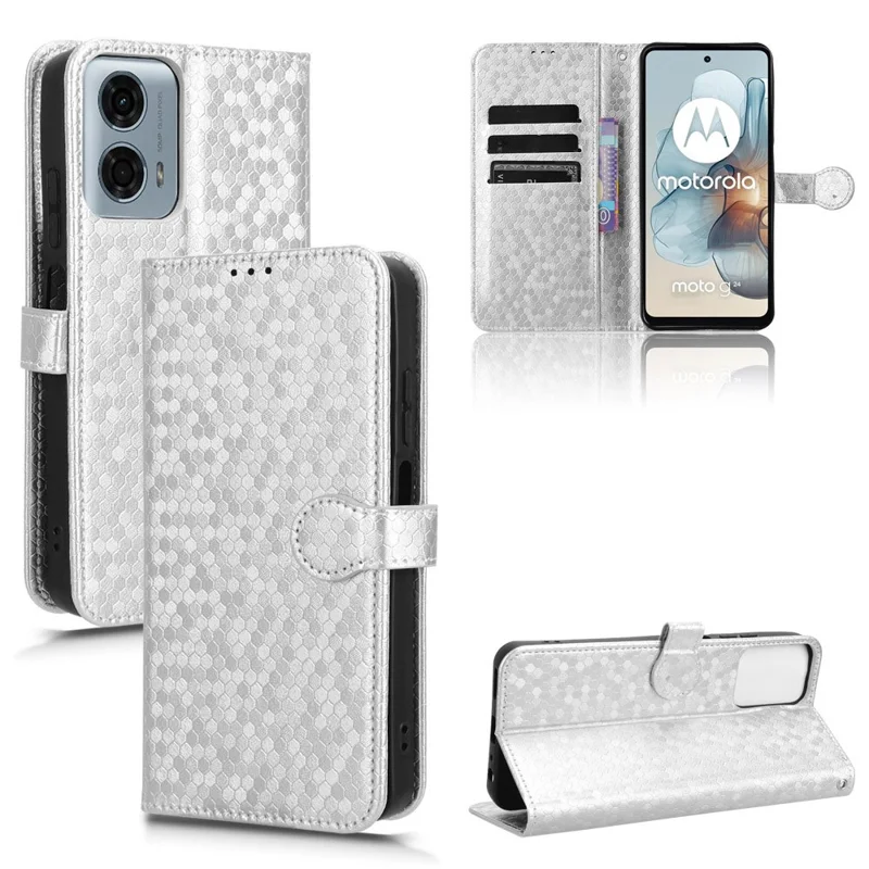 For Motorola Moto G Power (2024) Phone Case Dot Imprinted Wallet Flip Cover - Silver