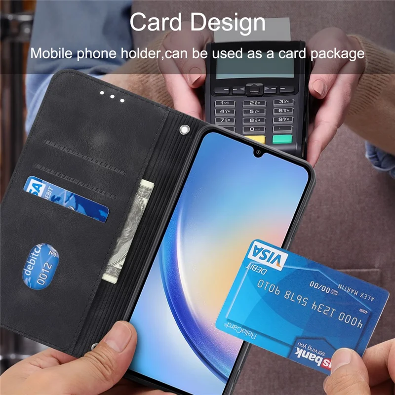 For Samsung Galaxy A55 5G Wallet Case Imprinted Line PU Leather Stand Cover - Black