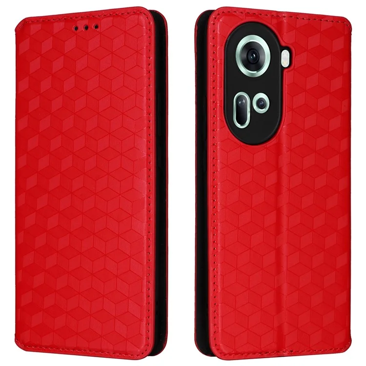Para Oppo Reno11 5G (Global) Capa de Carteira de Couro Impressa em Rombo Fechamento Magnético - Vermelho