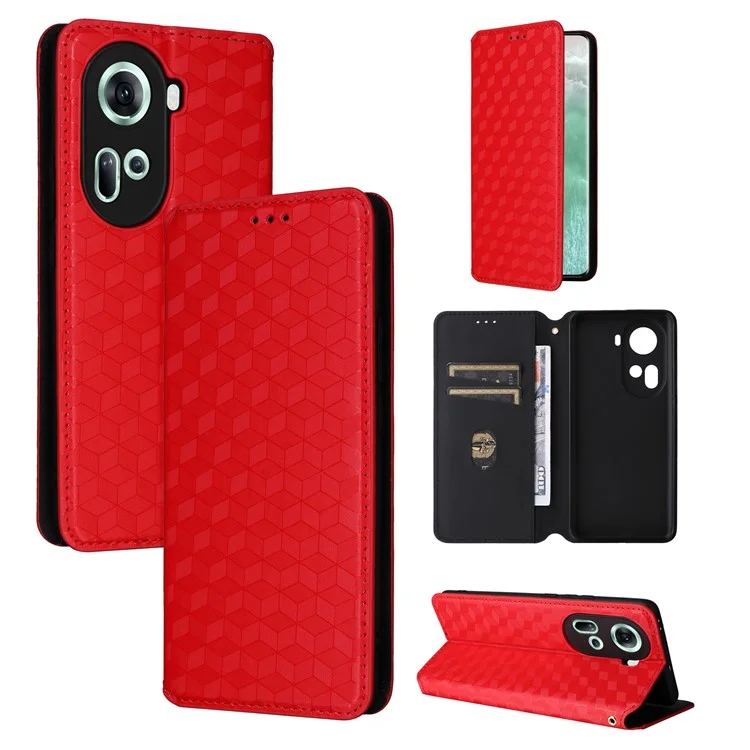 Para Oppo Reno11 5G (Global) Capa de Carteira de Couro Impressa em Rombo Fechamento Magnético - Vermelho