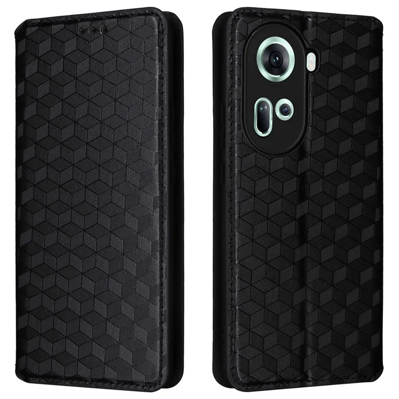 For Oppo Reno11 5G (Global) Leather Wallet Case Rhombus Imprinted Magnetic Closing - Black