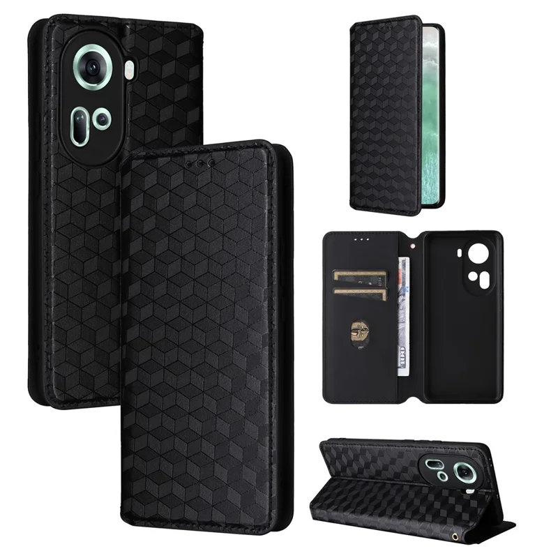 For Oppo Reno11 5G (Global) Leather Wallet Case Rhombus Imprinted Magnetic Closing - Black