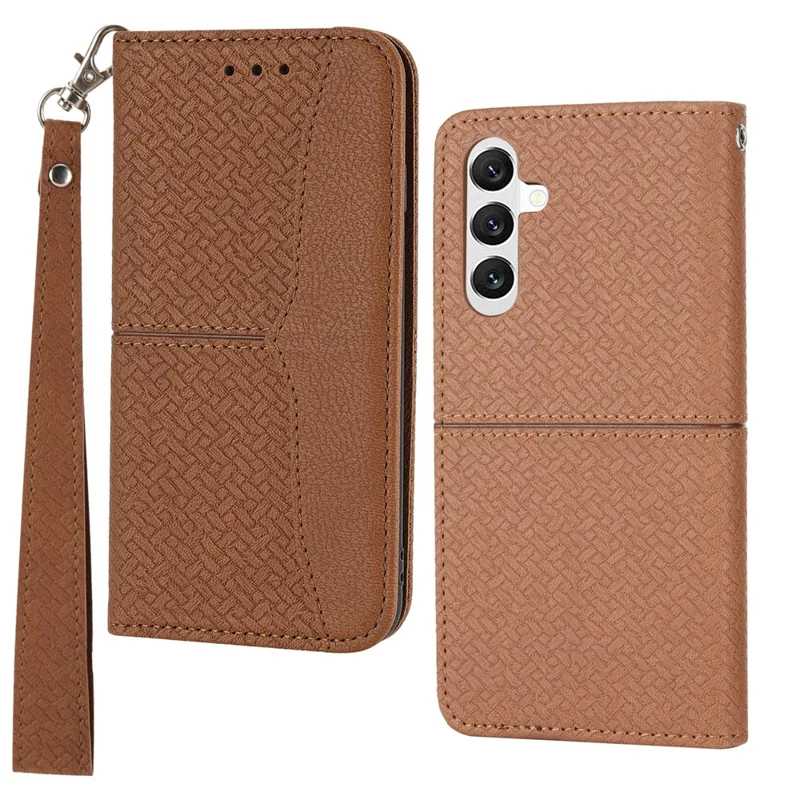 Für Samsung Galaxy A55 5G Lederetui Magnetischer Verschluss Cover Gewebte Textur mit Riemen - Braun