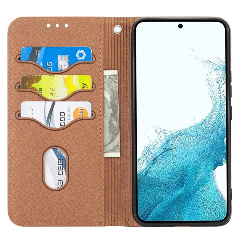 Für Samsung Galaxy A55 5G Lederetui Magnetischer Verschluss Cover Gewebte Textur mit Riemen - Braun