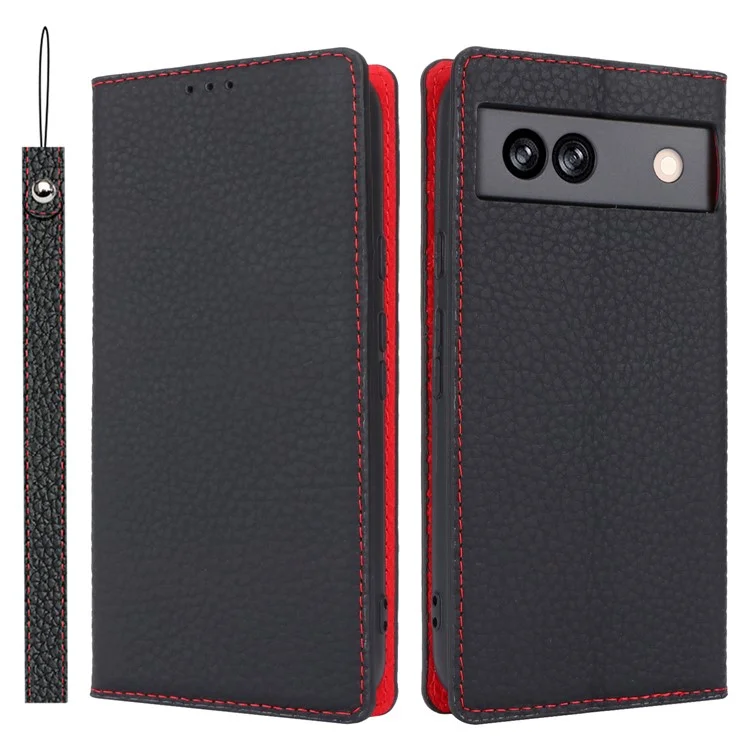 For Google Pixel 8a Genuine Cow Leather Case Litchi Texture Phone Wallet with Strap - Black