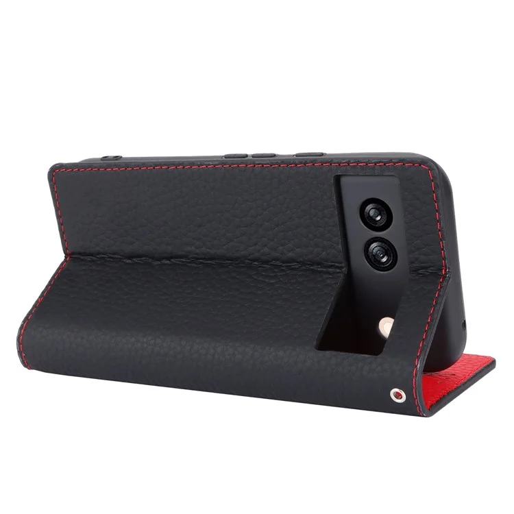 For Google Pixel 8a Genuine Cow Leather Case Litchi Texture Phone Wallet with Strap - Black
