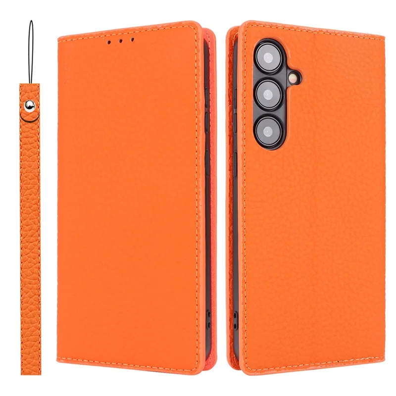 For Samsung Galaxy S24 Phone Case Genuine Cow Leather Wallet Cover Phone Stand - Orange