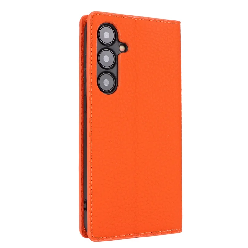 For Samsung Galaxy S24 Phone Case Genuine Cow Leather Wallet Cover Phone Stand - Orange