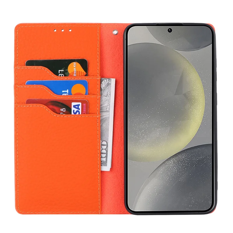 For Samsung Galaxy S24 Phone Case Genuine Cow Leather Wallet Cover Phone Stand - Orange