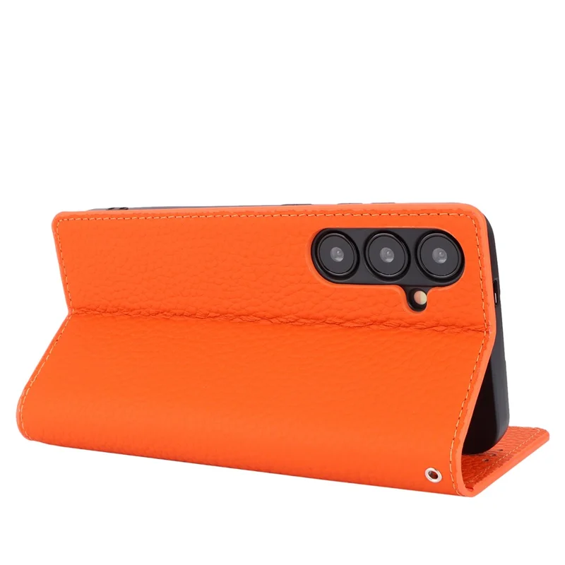 For Samsung Galaxy S24 Phone Case Genuine Cow Leather Wallet Cover Phone Stand - Orange