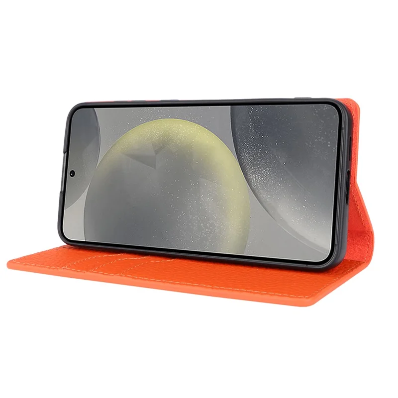 For Samsung Galaxy S24 Phone Case Genuine Cow Leather Wallet Cover Phone Stand - Orange