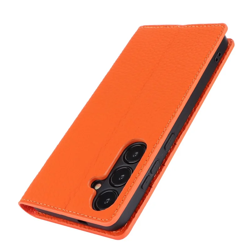 For Samsung Galaxy S24 Phone Case Genuine Cow Leather Wallet Cover Phone Stand - Orange