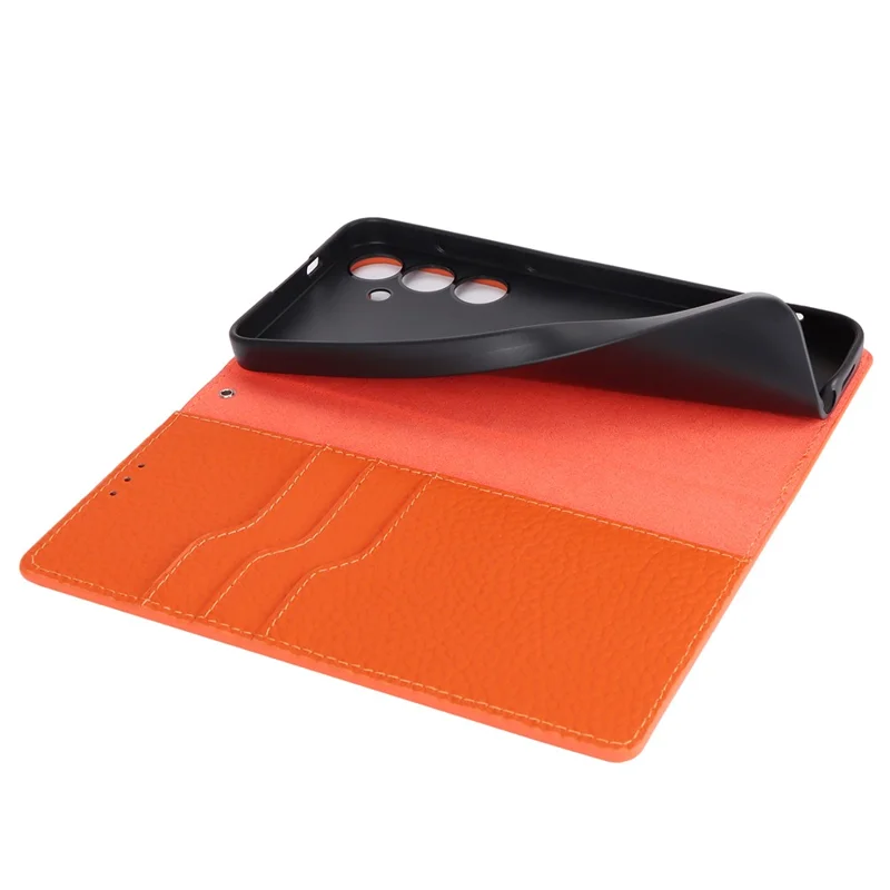 For Samsung Galaxy S24 Phone Case Genuine Cow Leather Wallet Cover Phone Stand - Orange