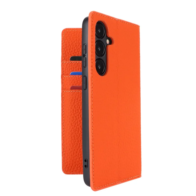 For Samsung Galaxy S24 Phone Case Genuine Cow Leather Wallet Cover Phone Stand - Orange