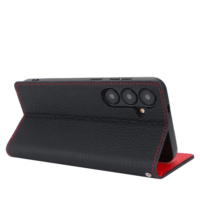 Für Samsung Galaxy S24+ Wallet Case Echtes Rindsleder Handyhülle mit Trageriemen - Schwarz