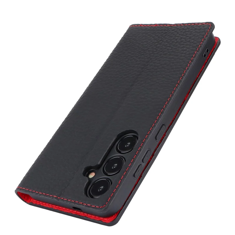Für Samsung Galaxy S24+ Wallet Case Echtes Rindsleder Handyhülle mit Trageriemen - Schwarz
