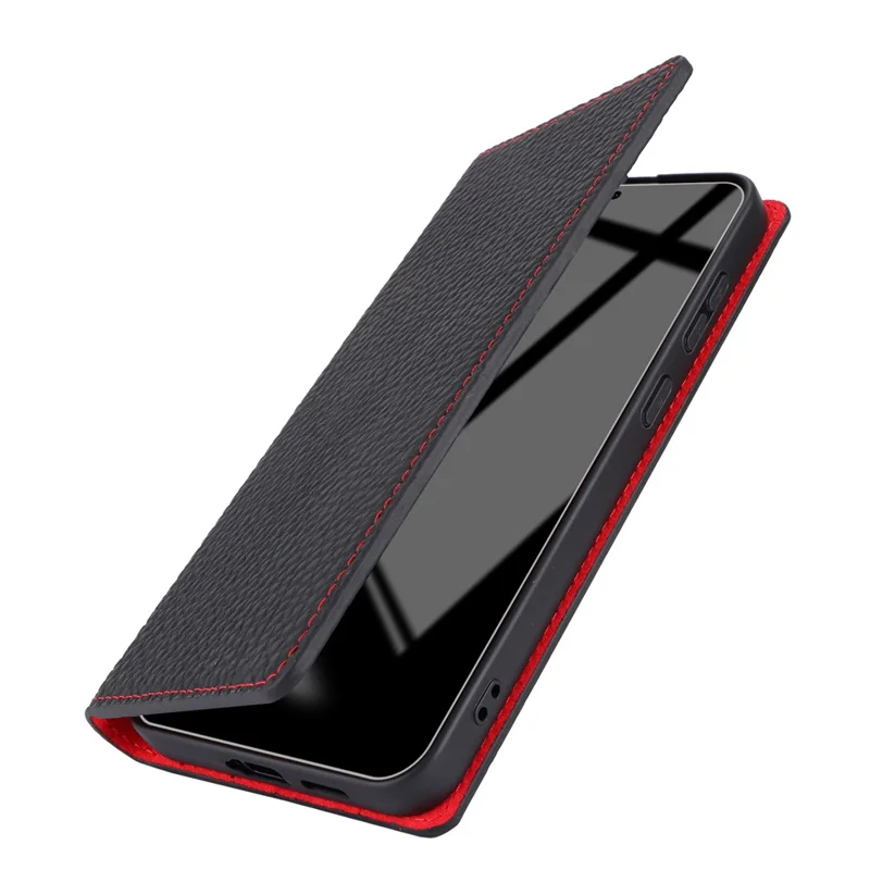 Für Samsung Galaxy S24+ Wallet Case Echtes Rindsleder Handyhülle mit Trageriemen - Schwarz