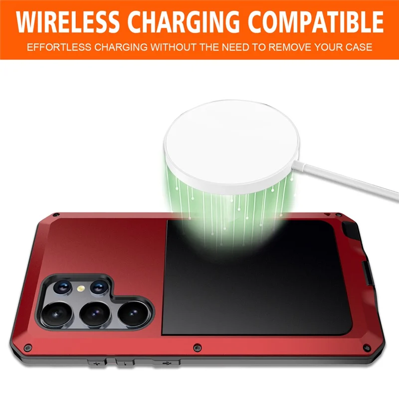 For Samsung Galaxy S24 Ultra Case Silicone+Metal Phone Cover with PET Screen Protector - Red