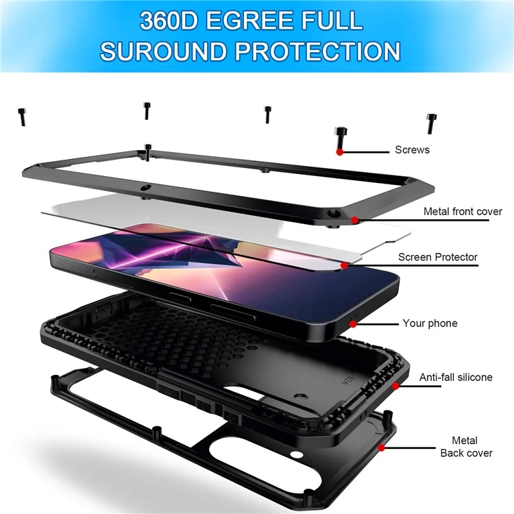 Pour Samsung Galaxy S24+ Étui Silicone+Métal Anti-chute Coque de téléphone avec Film en Verre Trempé - Noir