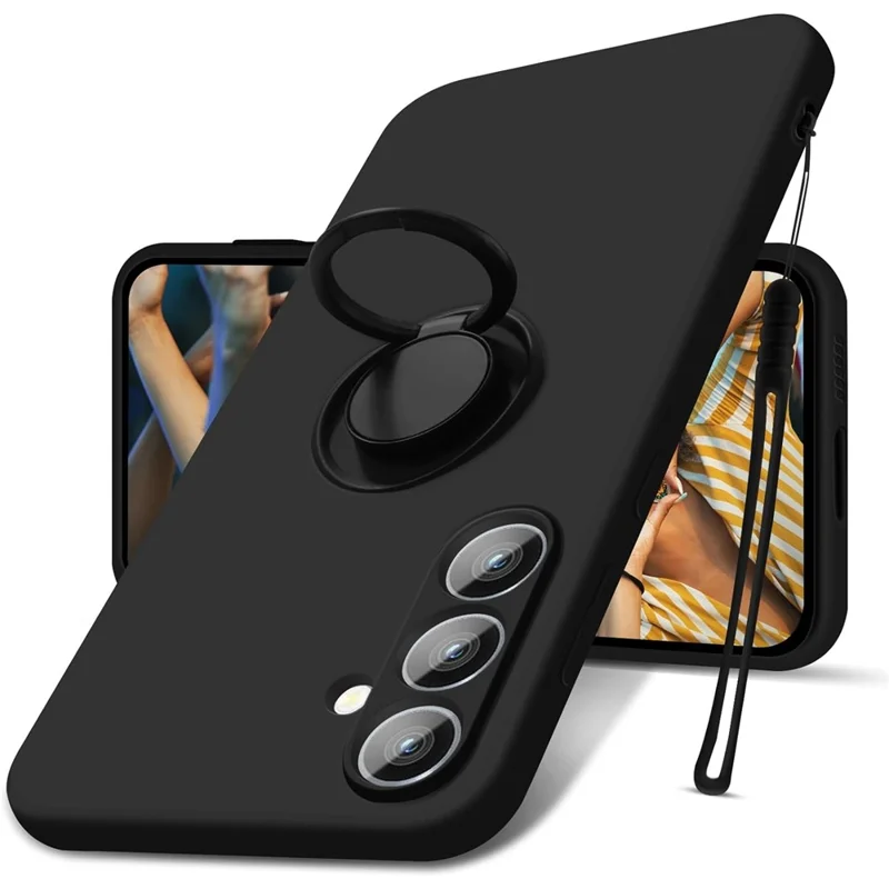 For Samsung Galaxy S24 Case with Hand Strap Liquid Silicone Kickstand Phone Cover - Black