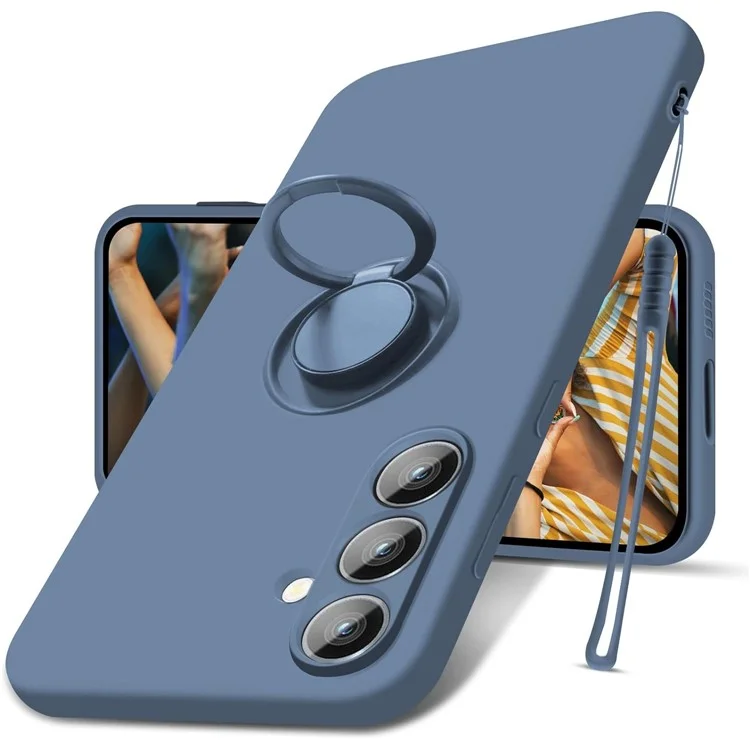 For Samsung Galaxy S24+ Liquid Silicone Case Ring Kickstand Phone Cover - Grey